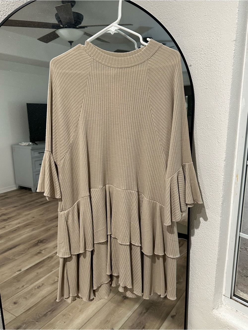 Hello Honey Ribbed Tiered Swing Dress in Taupe